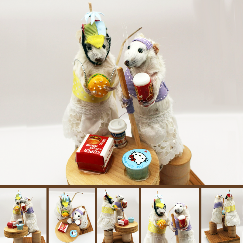 Wood mounted adorable mouse couple dressed for a lovely lunch date