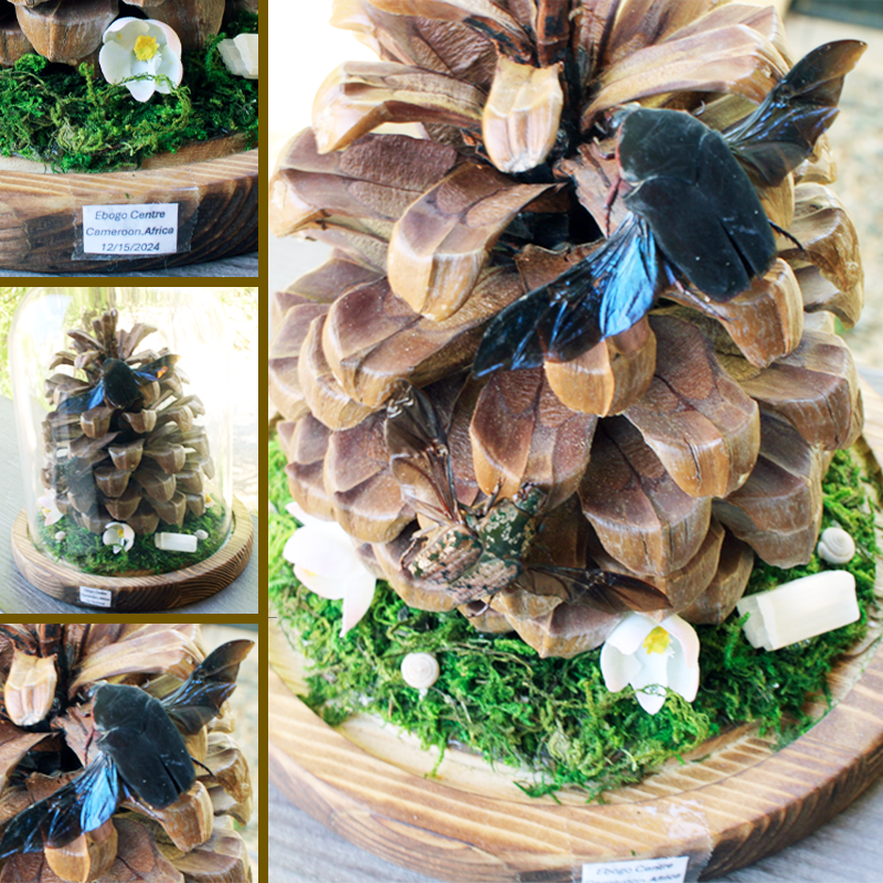 Glass dome scene with pinecones and a glowing selenite crystal with Pachnoda Cameroon beetle and a Cetoniinae beetle